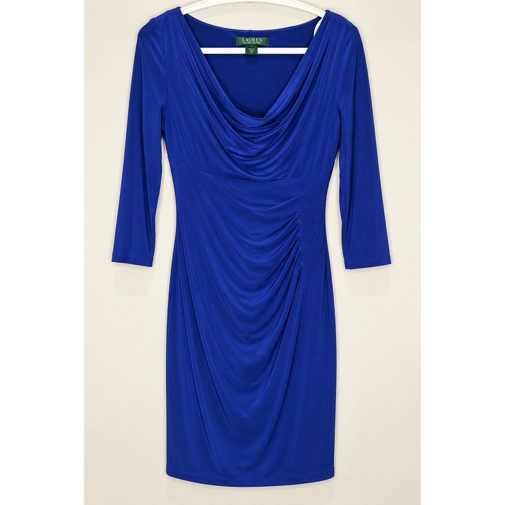 Lauren Ralph Lauren Royal Blue Cowl Neck Ruched Sheath Dress 4 3/4 Sleeve
